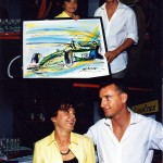 2 Giugno 2000, Autodromo Nazionale di Monza, Raffaella Losapio consegna il primo dipinto Jaguar a Eddie Irvine - 1° opera commissionata all'artista per il Pilota di Formula 1.Eddie Irvine